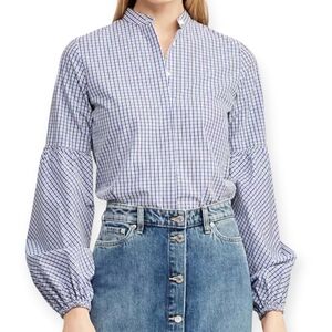 Lauren Ralph Lauren Plaid Puff-Sleeve Cotton Top Sz 12